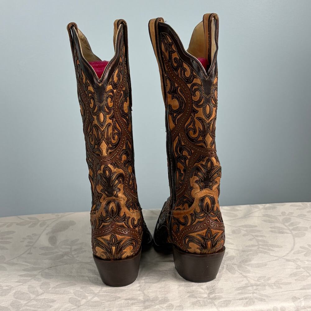 Corral Handcrafted Brown Leather Overlay Studs Western Cowgirl Boots sz 8M - Picture 4 of 6